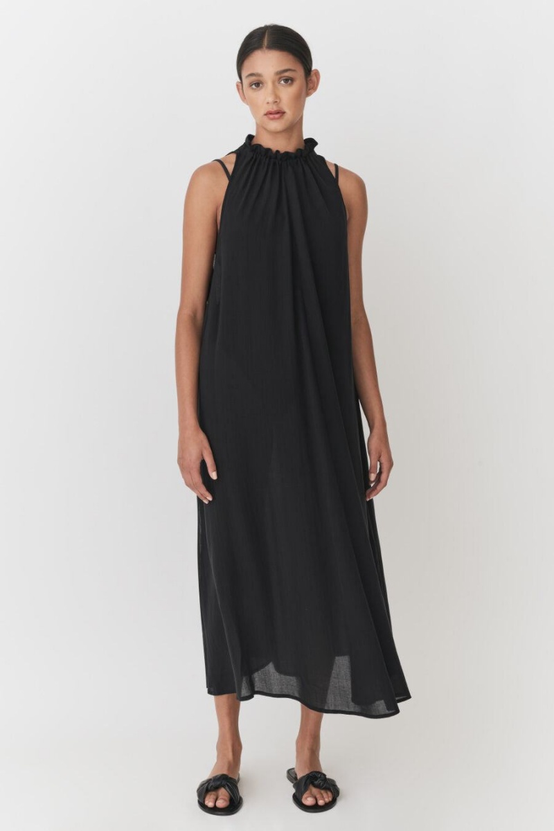 Cuyana Gathered-Neck Maxi Cover Up Women's Dress Black | QXP5213ON