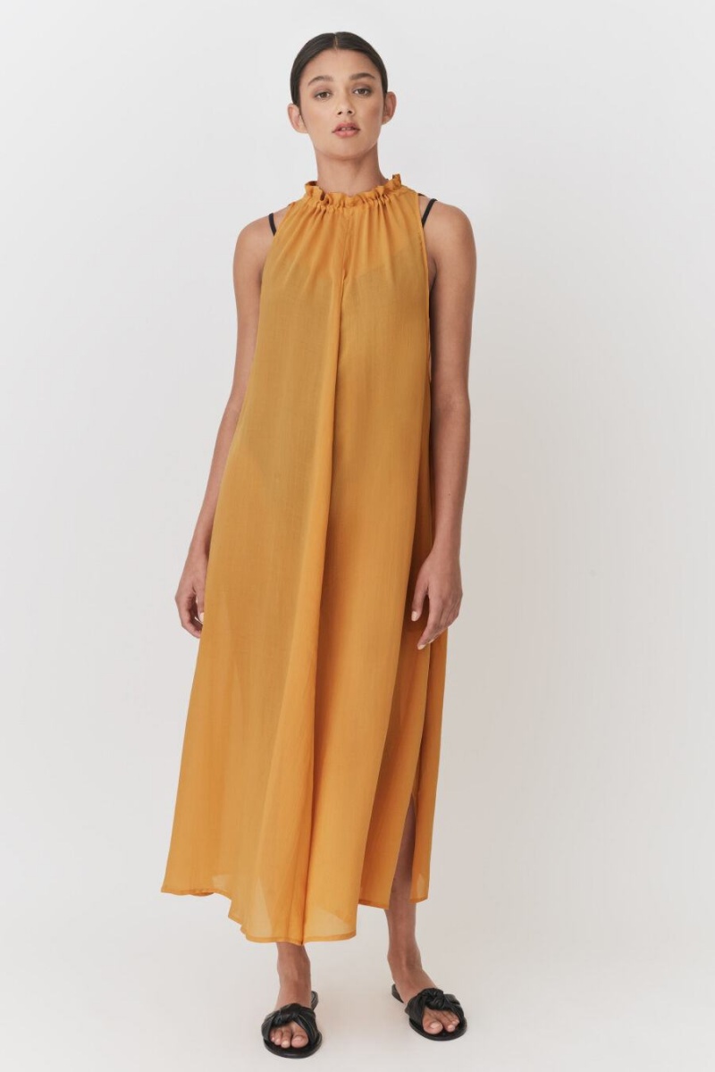 Cuyana Gathered-Neck Maxi Cover Up Women's Dress Yellow | GFX454VN