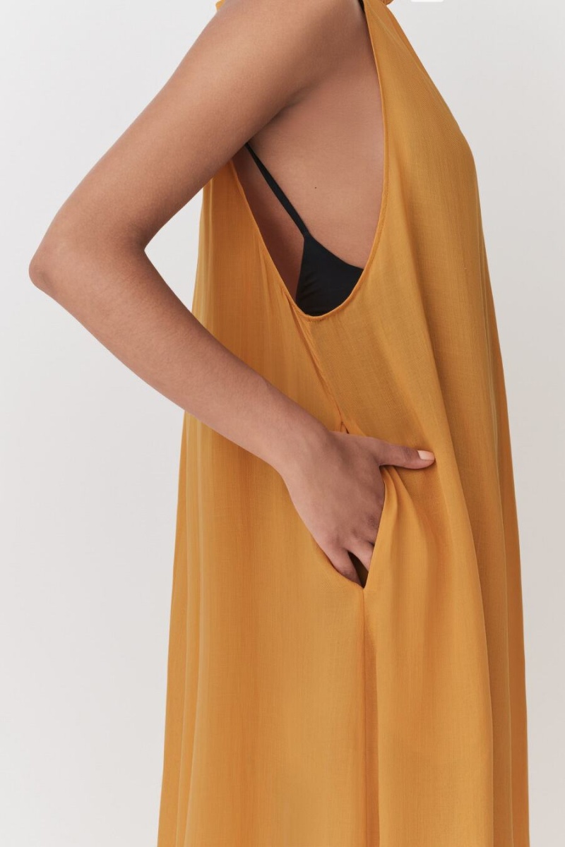 Cuyana Gathered-Neck Maxi Cover Up Women's Dress Yellow | GFX454VN