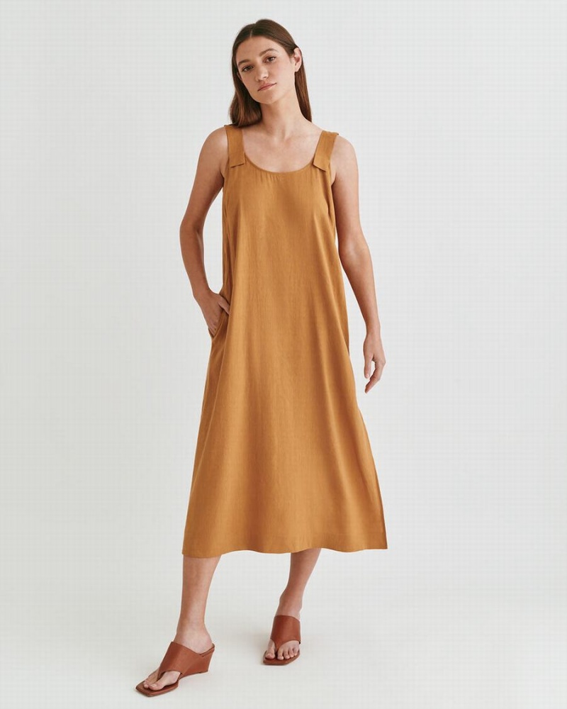 Cuyana Linen Gathered Back Women's Dress Orange | ROP3537GH