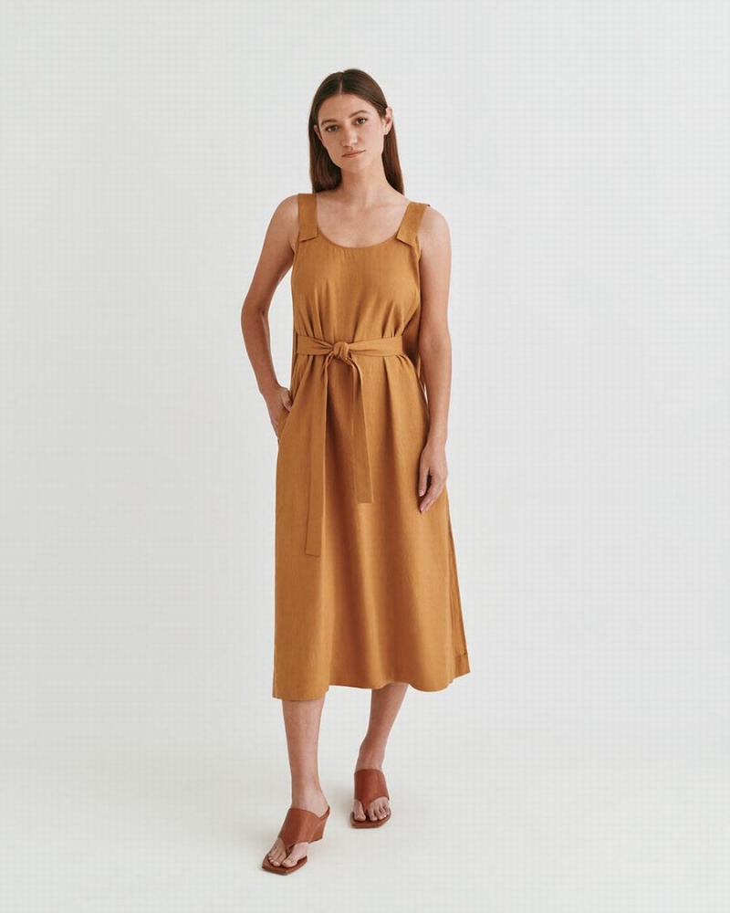 Cuyana Linen Gathered Back Women's Dress Orange | ROP3537GH