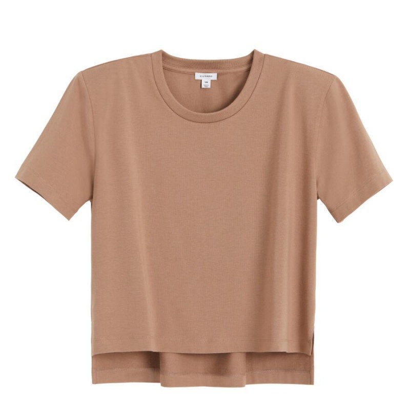 Cuyana Padded Shoulder Cropped Tee Women\'s T Shirts Khaki | RWI7679VW