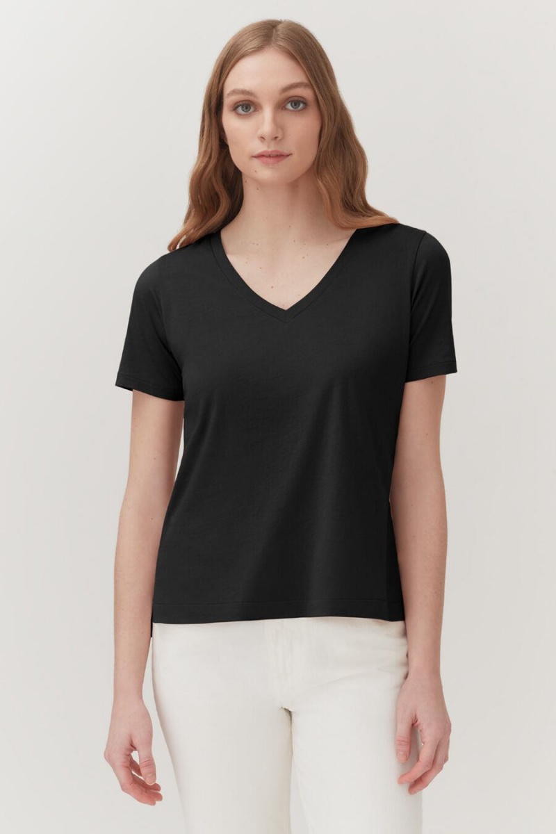 Cuyana Pima V-Neck Tee Women's T Shirts Black | NNR5736NZ