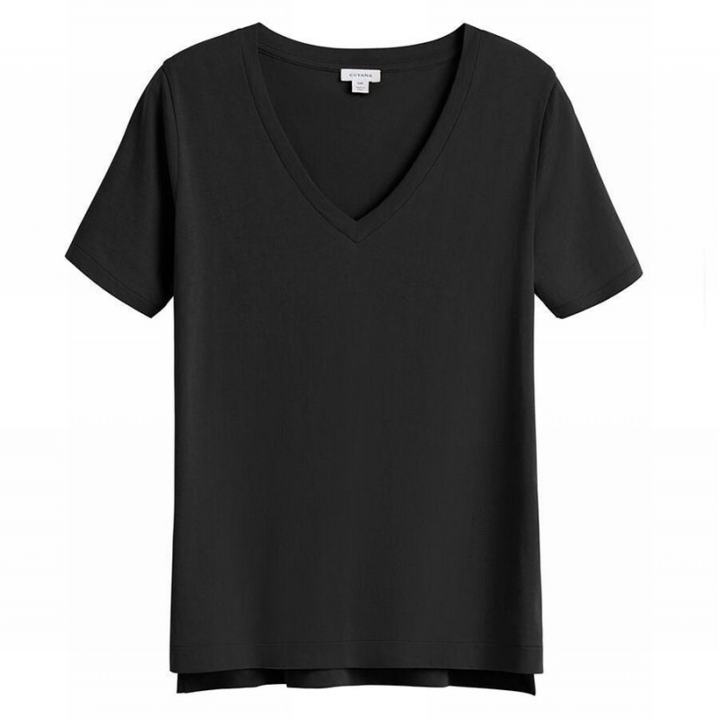 Cuyana Pima V-Neck Tee Women\'s T Shirts Black | NNR5736NZ