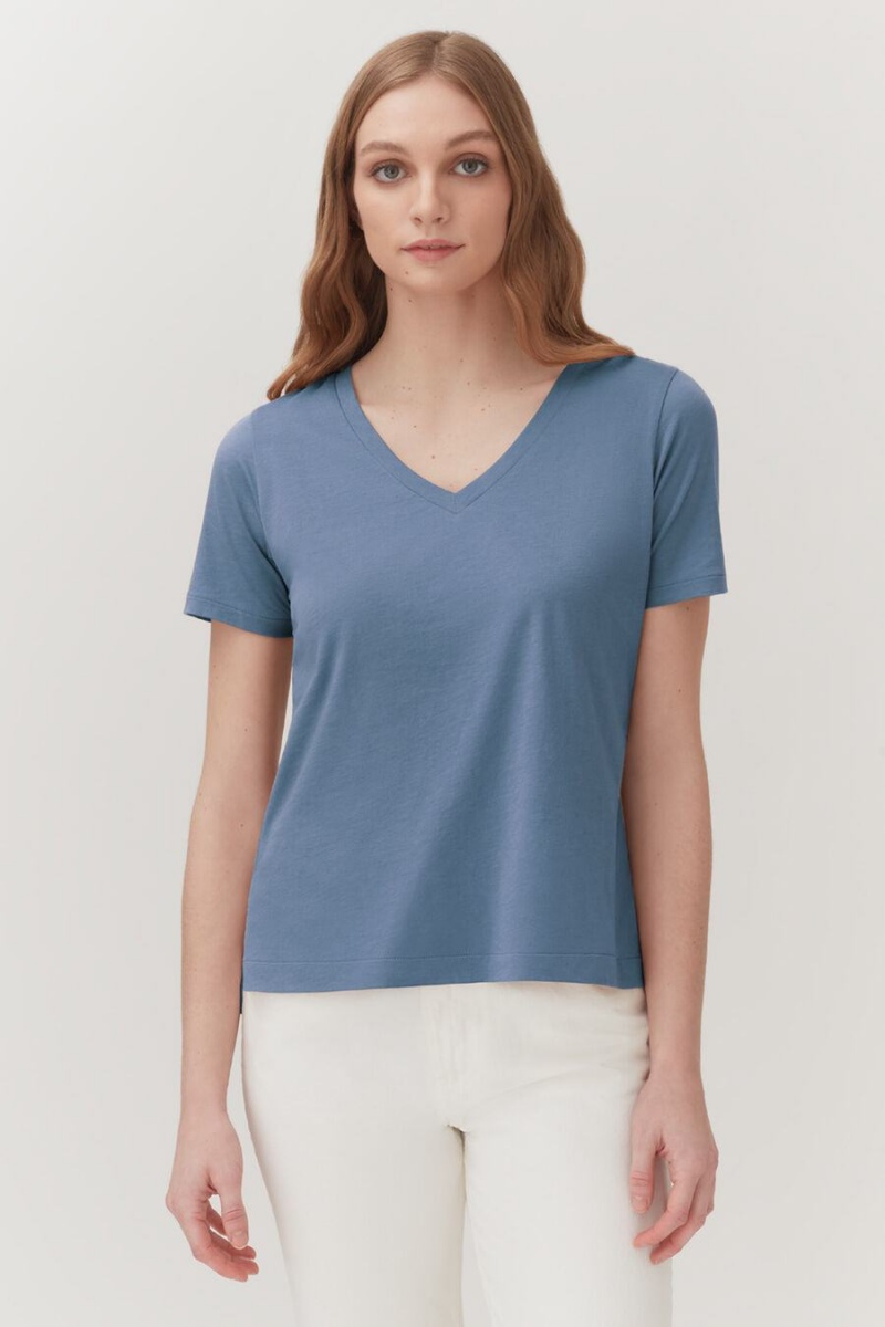 Cuyana Pima V-Neck Tee Women's T Shirts Blue | HIK7759NF