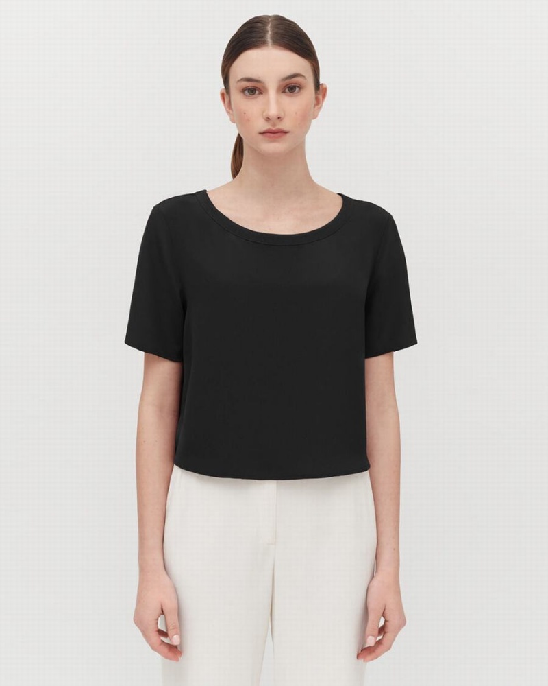 Cuyana Silk Cropped Crewneck Tee Women's T Shirts Black | FOS4269AN