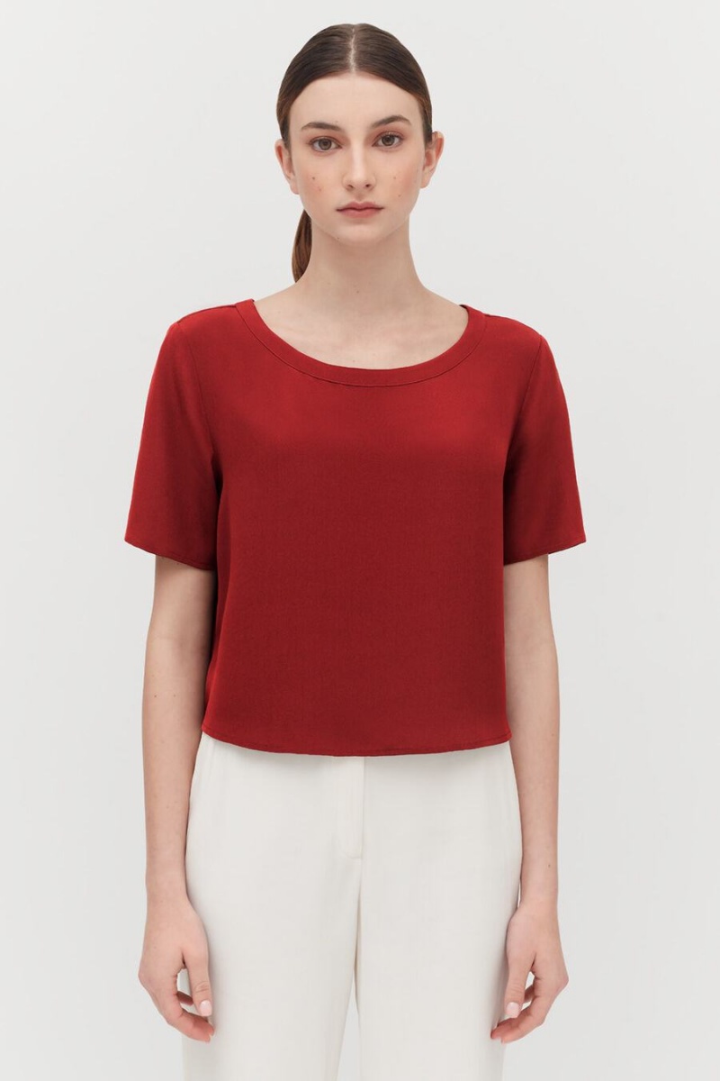 Cuyana Silk Cropped Crewneck Tee Women's T Shirts Red | BUS8637MJ