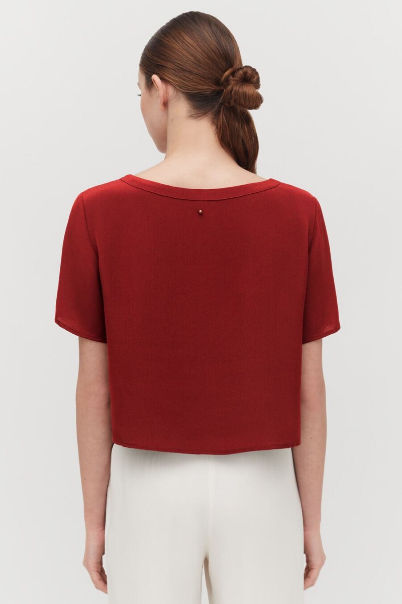 Cuyana Silk Cropped Crewneck Tee Women's T Shirts Red | BUS8637MJ