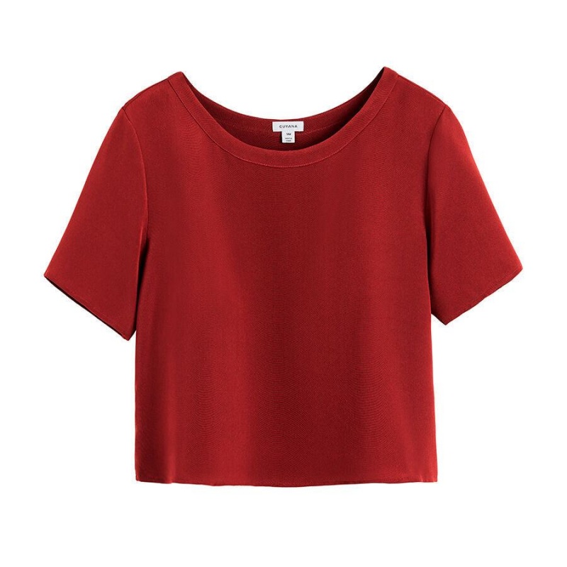 Cuyana Silk Cropped Crewneck Tee Women\'s T Shirts Red | BUS8637MJ