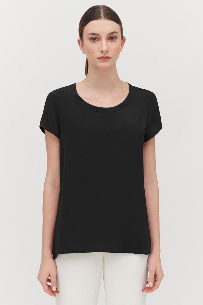 Cuyana Silk High-Low Tee Women's T Shirts Black | LKJ6288EA