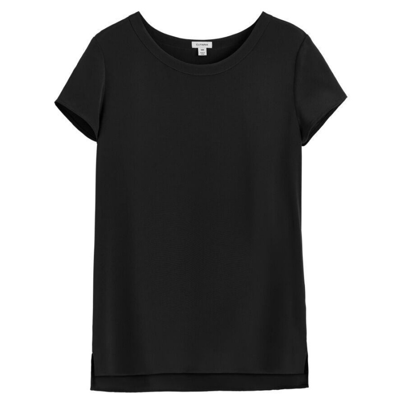 Cuyana Silk High-Low Tee Women\'s T Shirts Black | LKJ6288EA