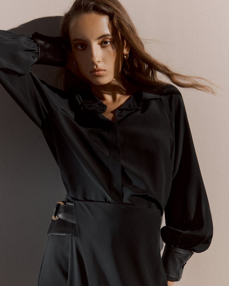 Cuyana Silk Leather Cuff Women's Shirts Black | TCF5052ZB