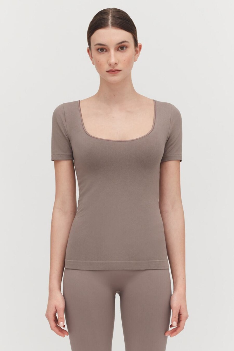 Cuyana Stretch Scoop Neck Tee Women's T Shirts Light Brown | GDH5893NT